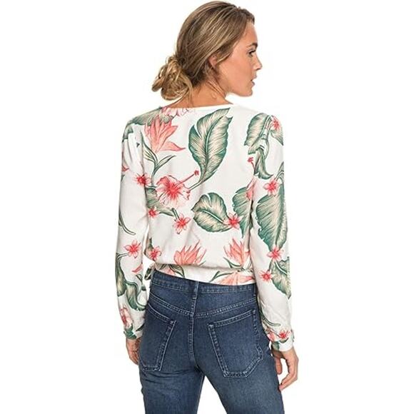 Roxy Top Womens L Empire State View Wrap Marshmallow Tropical Love Long Sleeve - Picture 2 of 7